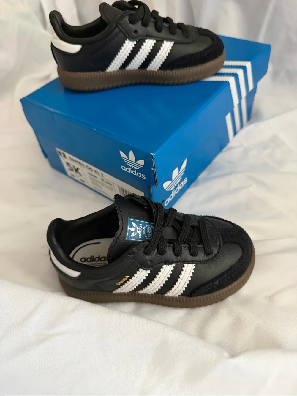 adidas Kids Samba Sneakers in Black with White Stripes and Gum Sole